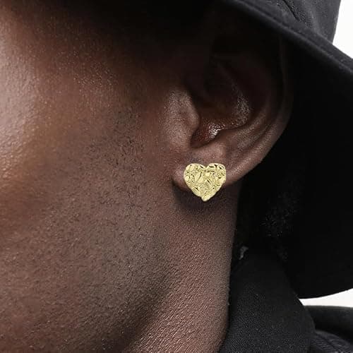 14k Gold Plated Rough Textured Cookie Heart Shape Nugget Stud Earrings For Men/Women Unisex - L(12mm) thumbnail 4