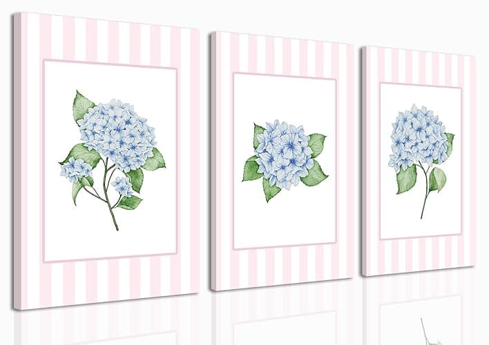 SongZest 3 Piece Blue Floral Canvas Framed Wall Art Pink Chinoiserie Art Prints Hydrangea Pictures Wall Decor Flower Aesthetic Paintings Artwork for Bedroom Bathroom Living Room 12x16in - Image 1