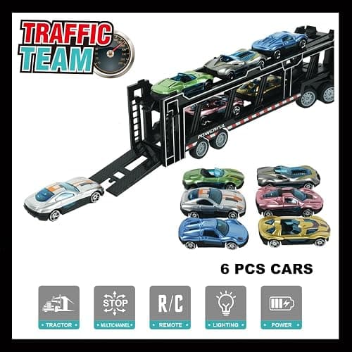 CALEST Remote Control Car Transporter Truck Includes 6 Cars, 14" 1:48 Car Transporter Semi Truck Toy, Equipped with 2 Rechargeable Batteries, Gifts Ideas for Boys Age 3-8 Year Old thumbnail 4