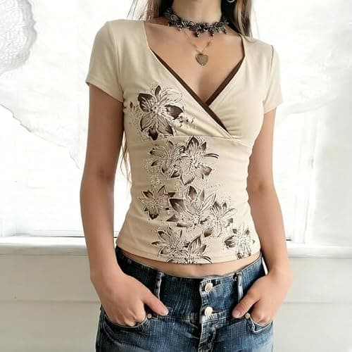 Fairy Grunge Cottagecore Top 2000s Mcbling Graphic Teen Girls Clothes Y2k V Neck Floral Whimsy Twee Shirt Women thumbnail 2