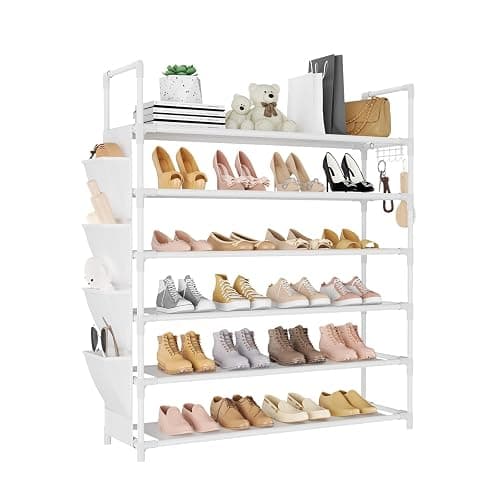 LANTEFUL 6 Tier Shoe Rack Storage for 24-30 Pairs Shoe and Boot, Shoe Organizer with Hook and Side Pocket Free Standing Long Shoe Shelf Tall Shoe Rack Organizer for Closet, Entryway, Dorm, White - Image 1
