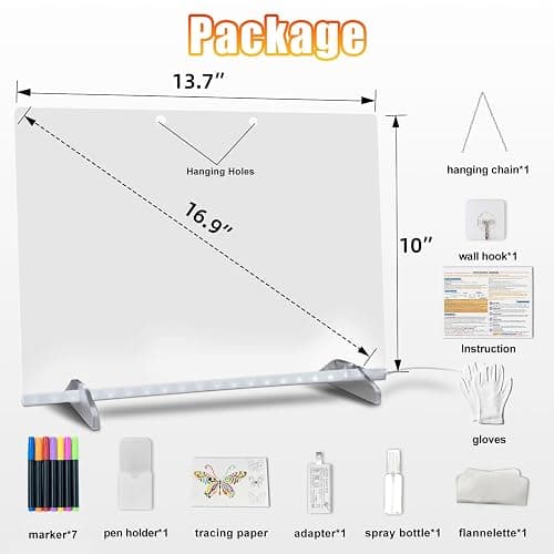 LED Note Board with Colors, 13.7"X10" 6 Modes & 8 Colors Acrylic Dry Erase Boards with Light, Include Adapter, Hanging Chain, Led Drawing Board for Kids with Stand,7 Markers, Spray Bottle thumbnail 2