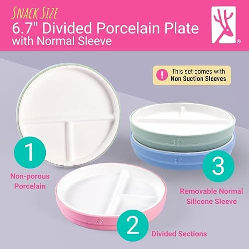 Elk and Friends Baby/Toddler 6.7" Porcelain Divided Plates + Sleeves | 2pk | Suitable for Babies | Silicone Sleeves | Non Slip Dinnerware | Microwave + Dishwasher Safe | Perfect for First Foods + Snacks thumbnail 3