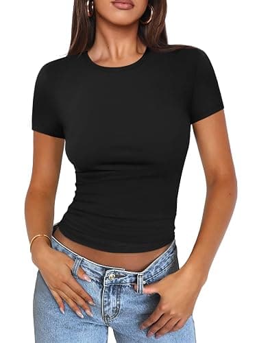 Womens Shirts Tops T Shirts 2025 Casual Basic Going Out Summer Slim Fit Short Sleeve Crop Tops Tight Y2k Teen Girls thumbnail 2