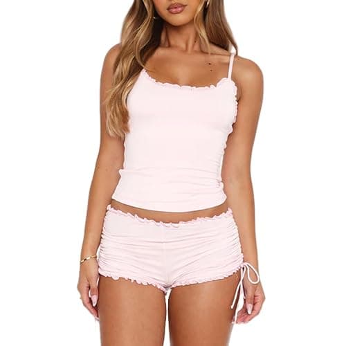 Qmlyev Cute Pajama Sets for Women Lace Trim V Neck Cami Tops and Shorts Matching Lounge Pj Sets Teens Y2K 2 Piece Outfit - Image 1