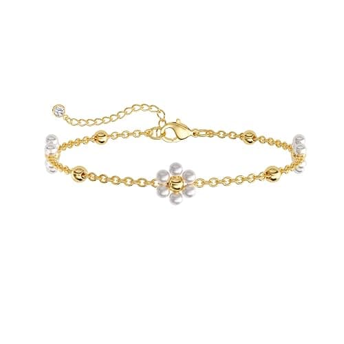 HEVOCY Gold Pearl Bracelets for Women, 14K Gold Plated Dainty Bracelet Set, Adjustable Layered Pearl & Beaded Chain Bracelets, Non Tarnish Lightweight Jewelry Gifts for Women thumbnail 8