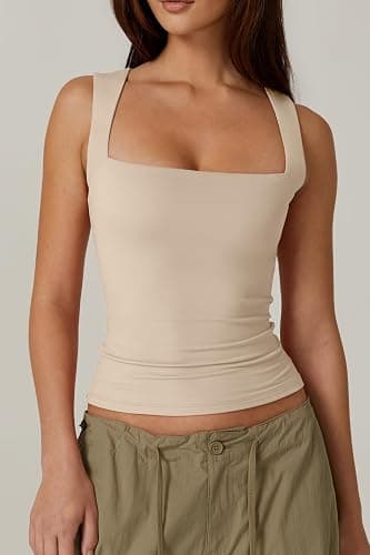QINSEN Women's Square Neck Sleeveless Double-Layer Tank Tops Basic Tight T Shirts thumbnail 3