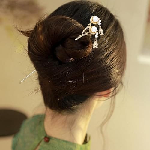 Lawie 10 Pack Retro Gold Metal Long Hair Sticks Pins with Pearl Jade Dangles Tassels Pendants Chinese Hanfu Asian Flower Butterfly Hair Chopsticks Hair Picks Bun Forks Holders Hairpins for Women Girls thumbnail 7