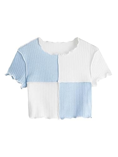Milumia Girl's Rib Knit Color Block Crop Tee Short Sleeve Lettuce Trim Crewneck Tshirt - Image 1