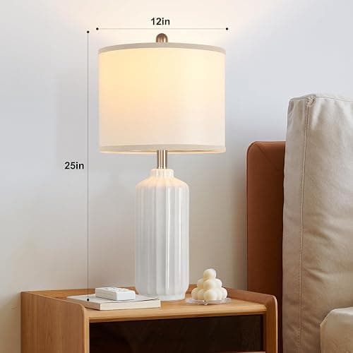 Liyicha Lamp for Living Room Bedroom Lamps Farmhouse Table Lamps Set of 2 Vertical Stripe Ceramic Table Lamp,Linen Shade with Bulb, 25 in High, White - White（Set of 2） - 25-inch high thumbnail 7