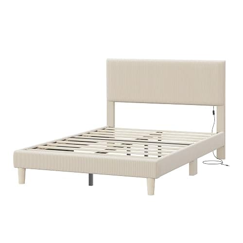 Bestier Queen Bed Frame with Headboard LED Lighting,Upholstered,Beige | Easy Assembly,LED Lighting Headboard,No Squeaks,Vertical Channel Corduroy Upholstered,Wood Slats Support,No Box Spring Needed thumbnail 8