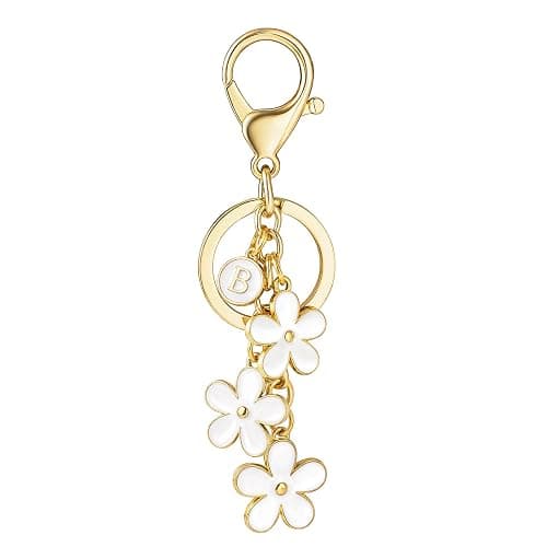 SELOVO Initial Keychain White/Pink/Black Cute Keychain Girl Purse Charms for Handbag Cute Letter Flower Keyring for Backpack - Image 1