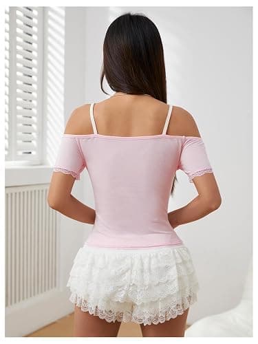 SOLY HUX Women's Y2K Coquette Aesthetic Crop Tops Summer Kawaii Clothes Cute Lace Bow Cold Shoulder Graphic Tees thumbnail 3
