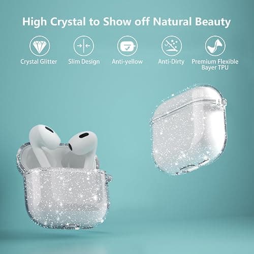 Aircawin for Airpods 4 Case Clear Glitter,Sparkle Bling Design for Airpods 4th Generation Cover 2024,Full Protective Shockproof Soft TPU for Airpod 4 Charging Skin with Carabiner Women Girlrs-Clear thumbnail 3