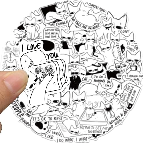 50PCS Funny Black White Cat Meme Stickers for Adults – Cute Emotional Cats Vinyl Decals for Laptop, Water Bottle, Phone Case, Scrapbook, Notebook, Journal – Aesthetic Waterproof Sticker Pack thumbnail 3