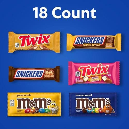 M&M'S Peanut, M&M'S Caramel, SNICKERS Original, SNICKERS Peanut Butter, TWIX Original and TWIX Salted Caramel Full Size Individually Wrapped Variety Box, 18 Ct Bulk Box thumbnail 2