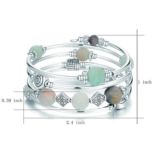 Beaded Pearl Bangle Wrap Bracelet - Fashion Bohemian Jewelry Multilayer Charm Bracelet with Thick Silver Metal Beads, Gift For Women thumbnail 4
