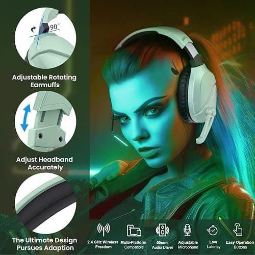 WolfLawS Wireless Gaming Headset with Noise Canceling Microphone for PS5, PC, PS4, 2.4G/Bluetooth Gaming Headphones with USB and Type-c Connector, Wired Mode for Controller (Green) thumbnail 6