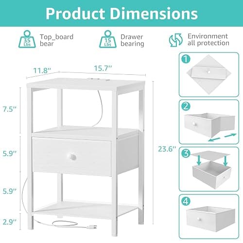 BOLUO White Nightstand with Charging Station, LED Night Stand with Fabric Drawers and Shelf, Bedside Table with USB Ports and Outlets, Bedroom Nightstand Modern thumbnail 3