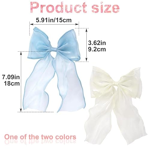STSTR 2Pcs Large Hair Bow Clips, Blue White Silk Yarn Ribbon Bow Hair Barrette for Women, Elegant Long Tail Bowknot French Hairstyles Accessories for Wedding, Parties, Festivals thumbnail 2
