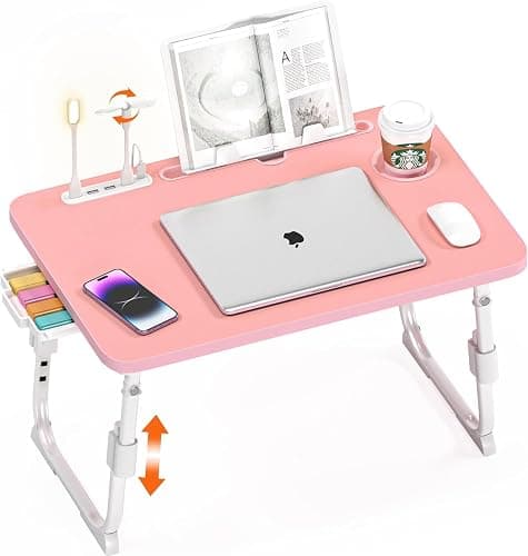 DECOSIS Bed Desk Height Adjustable, Bed Laptop Table with USB/Storage Drawer/Cup Holder/Tablet Stand/Book Shelf, Foldable Breakfast Tray Portable for Reading Writing, Bed, Sofa & Floor, Wood, Pink - Image 1