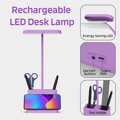 AXX Cute Purple Desk Lamp, Rechargeable Study Table Light for Home Office, Small, Battery Operated, LED, Flexible Gooseneck, Mini, Cordless, College Dorm Room Desktop Accessories for Teen Girls thumbnail 4