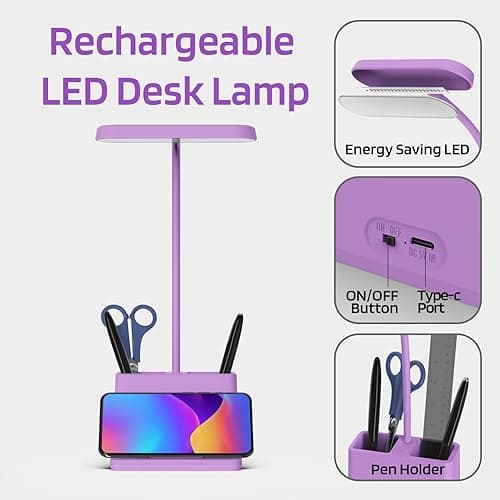 AXX Cute Purple Desk Lamp, Rechargeable Study Table Light for Home Office, Small, Battery Operated, LED, Flexible Gooseneck, Mini, Cordless, College Dorm Room Desktop Accessories for Teen Girls thumbnail 5