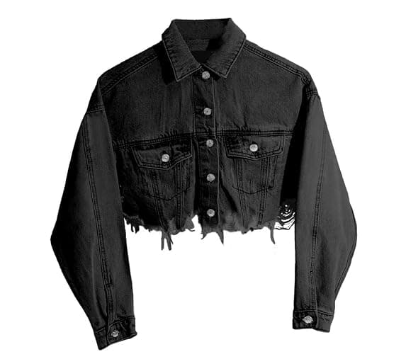HTD Women's Cropped Jean Jacket Button Up Long Sleeve Ripped Distressed Denim Jacket Frayed Hem thumbnail 3