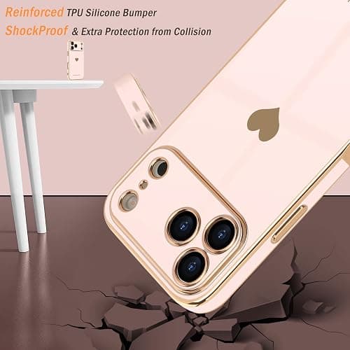 Teageo for iPhone 17 Pro Case with Screen Protector [2 Pack] Girl Women Cute Girly Love-Heart Luxury Gold Soft Cover Camera Protection Shockproof Phone Case for iPhone 17 Pro, Light Pink thumbnail 4