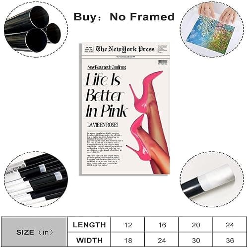 Trendy Pink Posters News Newspaper Wall Art Canvas Prints 70s Life Is Better in Pink Hot Girly Preppy Aesthetic Poster for Cool Girl Bedroom Apartment Room Home Dorm Wall Decor 8x12inch Unframed thumbnail 2