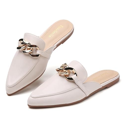 EasySmile Metal Chain Decor Flat Mules for Women Closed Pointed Toe Slip on Loafers Slides Backless Mules Shoes - Image 1