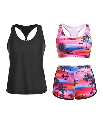 Yonique 3 Piece Athletic Tankini Swimsuits for Women with Shorts Swim Tank Tops with Sports Bra and Boyshorts Bathing Suits - Large - Pink Tree - Image 1