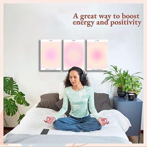 Trendy Aesthetic Canvas Wall Art Aesthetic Set of 3 | Gradient Psychedelic Aura Angel Posters Prints Room Decor | Pink Wall Art Decor for Bedroom, Living Room - Framed 16x24 Inch - 16"x24"x3 Framed - Pink thumbnail 6
