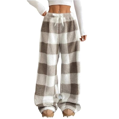 Pajama Pants Womens Fuzzy Plaid Pants Elastic Waist Wide Leg Fleece Bottoms Winter Soft Comfortable Lounge Pants - Image 1