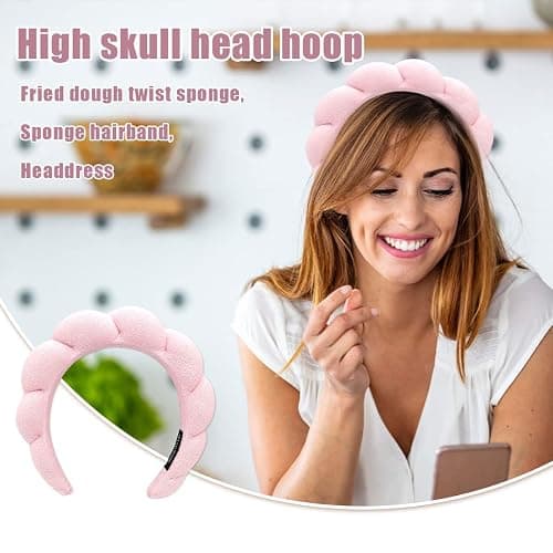 Ycfish Puffy Makeup Headband Spa Headbands for Women Sponge & Terry Towel Cloth Fabric Cute Skincare Headband for Face Washing, Makeup Removal, Shower, Facial Mask (Pink) thumbnail 5