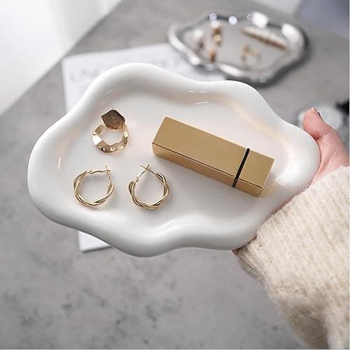 BESSKON Small Jewelry Dish for Women, Gifts for Mom, Ceramic Jewlery Tray Ring Holder, Vanity Ring Dish Cute Cloud Tray, Nightstand Decor Trinket Bowl for Earrings, Perfume, Keys, White Jewelry Plate thumbnail 9