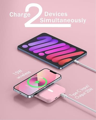 podoru for Magsafe Battery Pack, 5000mAh Magnetic Power Bank with Type-C Cable 20W PD Fast Charging Lighting Input Wireless Portable Charger for iPhone 16/15/14/13/12/ All Series-Pink - Pink thumbnail 6