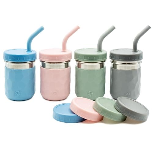 WeeSprout 2-in-1 Drinking Cups for Kids, Durable Stainless Steel Tumbler for Smoothies, Silicone Straws with Stoppers, Premium Plastic Twist Lids, Easy-Grip Sleeves, Set of 4 Dishwasher Safe Kid Cups - Image 1