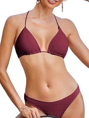 WDIRARA Women's Solid Triangle Bikini Top Sexy Halter String Micro Bathing Suits Tops thumbnail 2