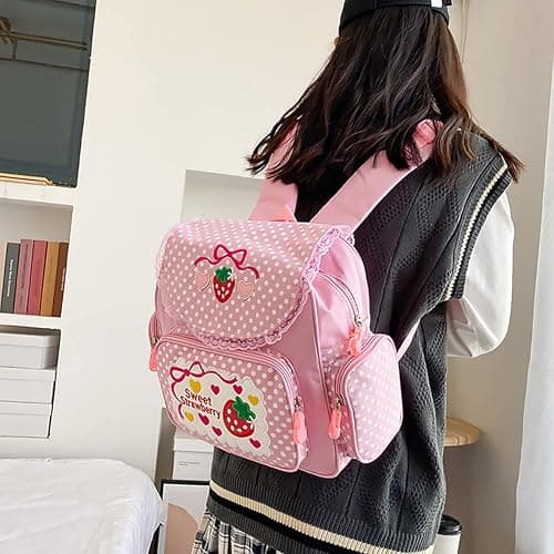 Lovemore Kawaii Embroidery Strawberry Backpack for Girl Teen Student School Bag Satchel Cute Pink Lace JK Backpack thumbnail 2