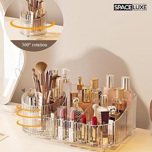 SpaceLuxe Makeup Organizer with Drawers and 360° Rotating Brush Holder, Large Capacity Cosmetic Storage for Vanity, Skincare, Perfume, Hair Accessories, Lipstick & Jewelry (Cream White, 2-layer) thumbnail 3