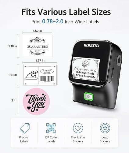Rongta Bluetooth Label Maker Machine, Thermal Label Printer Easy to Use for Office, Home, Business, Came with 1 Roll 2x1.18 inch White Label(Black) thumbnail 2