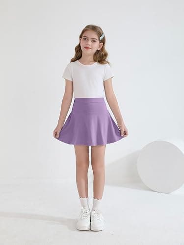 Fdqin 2 Pack Girls Skirts Elastic Flared Plain Tennis Skater Skirts with Built-in Shorts Kids Active Flowy Skorts thumbnail 3