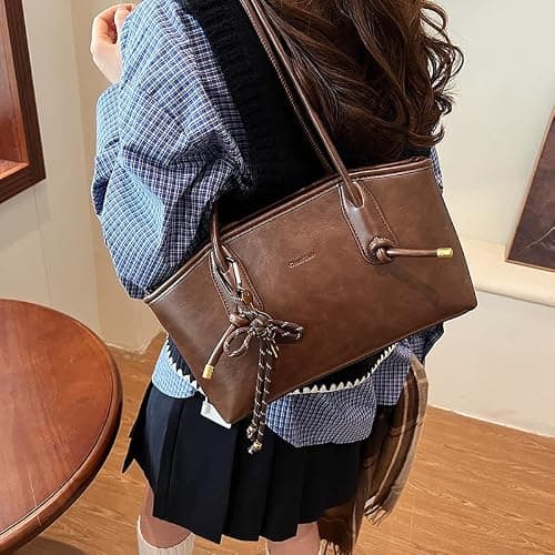 Vintage Shoulder Bags for Women Brown Purse Fall Hobo Handbag Faux Leather Shoulder Purse with Cute Pendant thumbnail 2