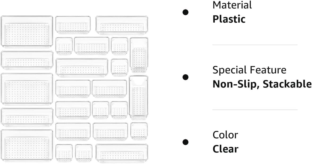 Vtopmart Plastic Clear Drawer Organizer, Acrylic Desk Drawer Organizers, Organization and Storage for Makeup, Bathroom, Office, kitchen, Bedroom (25Pack-Clear) thumbnail 9