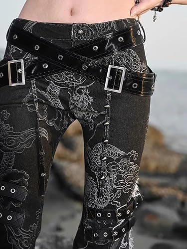 Xojbzoo Y2K Grunge Flare Leg Jeans - Punk Aesthetic Denim Pants with Tassel & Horn Accents, Includes Belt thumbnail 4