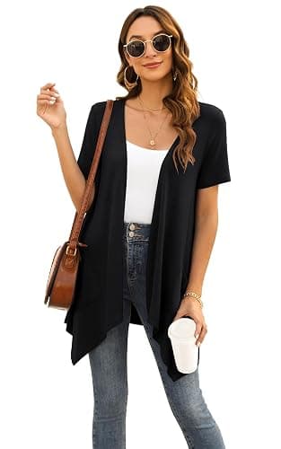 Veryoung Floral Short Sleeve Cardigans for Women Casual Drape Open Front Lightweight Summer Cardigan with Pocket High Low Hem thumbnail 2