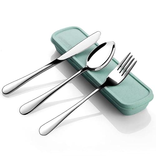 Portable Utensils Set with Case, 4pcs Stainless Steel Reusable Silverware for Lunch Camping School Picnic Workplace Travel, Lunch Box Includ Fork Spoon Knife,Easy to clean,Dishwasher Safe - Silver1 - Image 1