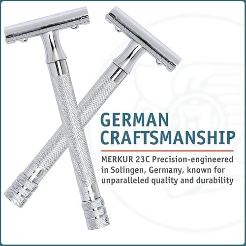 MERKUR 23C Double Edge Safety Razor - Polished Chrome, Long Knurled Brass Handle, Made in Germany, Plastic-Free, Three Piece Design, Closed Comb, Straight Bar thumbnail 6