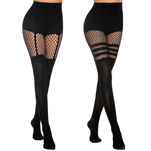 MANZI Womens Faux Thigh High Fishnet Stockings Stitching Opaque Pantyhose Mock Over the Knee Goth Striped Suspender Tights - Image 1